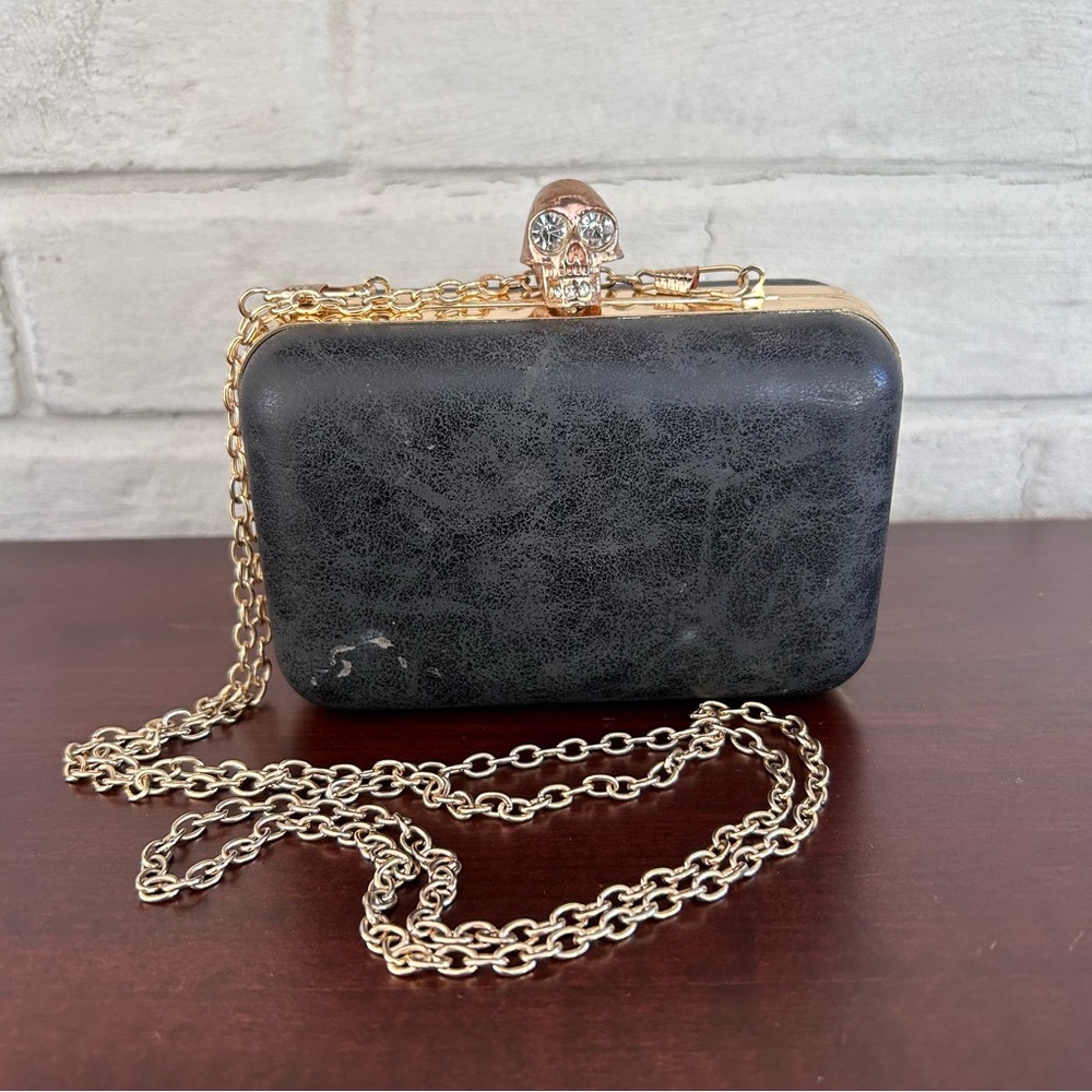 Mini Bag Black & Gold Tone Bag Metal chain Strap Skull Crystal Eyes